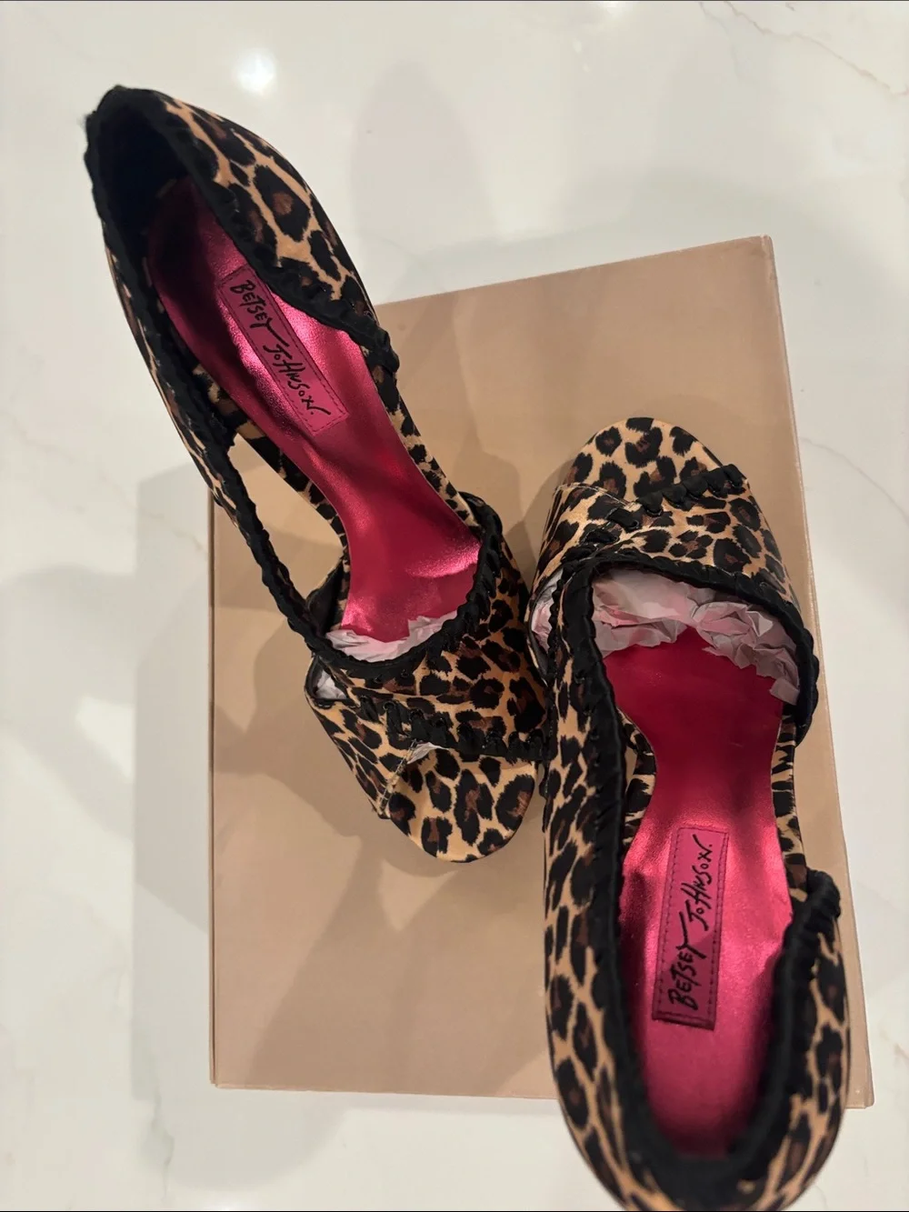 Betsey Johnson Leopard Print Open-Toe Stiletto Heels in Brown and Black